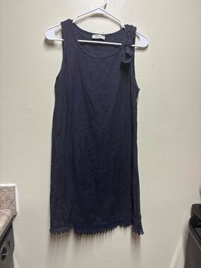 Bella Umbra Linen Dress Navy Blue Lace Trim Sleeveless Lagenlook Shift Small